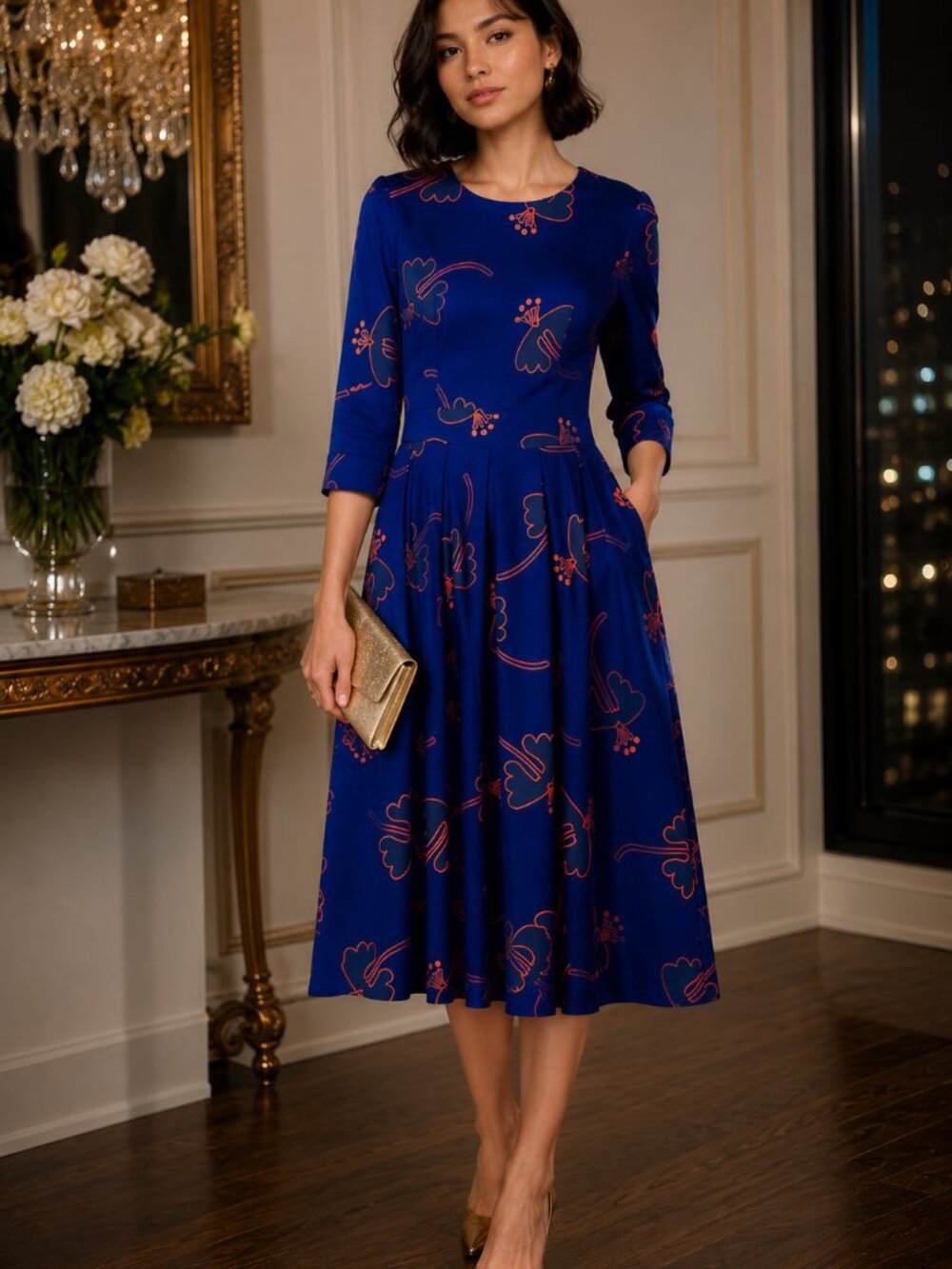 Simple Flavor Woman NWT Fit & Flare Midi Dress Size S-M Blue Floral Loose Pleats